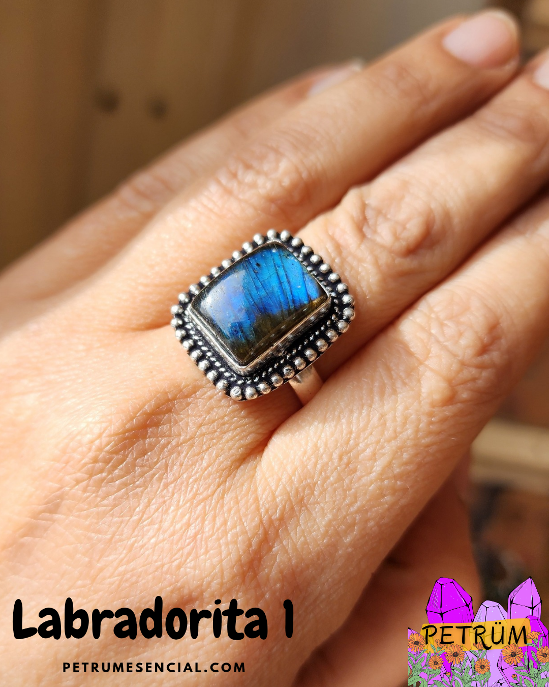 Anillo Energético Ajustable con Piedra Natural, enchapado en Plata