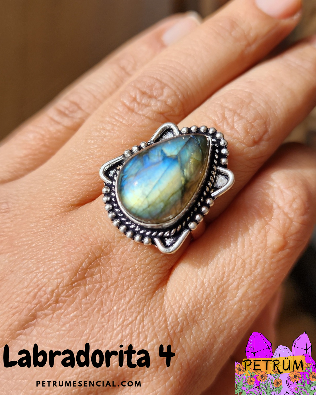 Anillo Energético Ajustable con Piedra Natural, enchapado en Plata