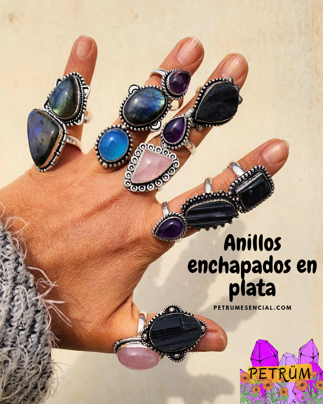 Anillo Energético Ajustable con Piedra Natural, enchapado en Plata